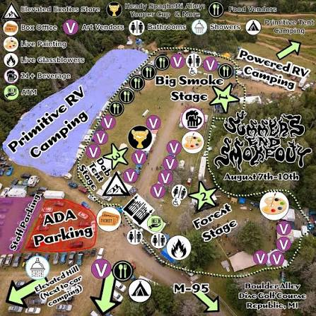 Illustrated map of the Summer's End Smokeout grounds at Boulder Alley Disc Golf Course, showing stages, camping areas, parking, and vendor locations.