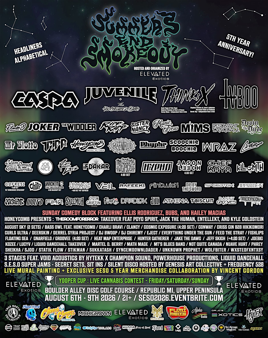Summer's End Smokeout 2026 full lineup poster listing all performing artists.